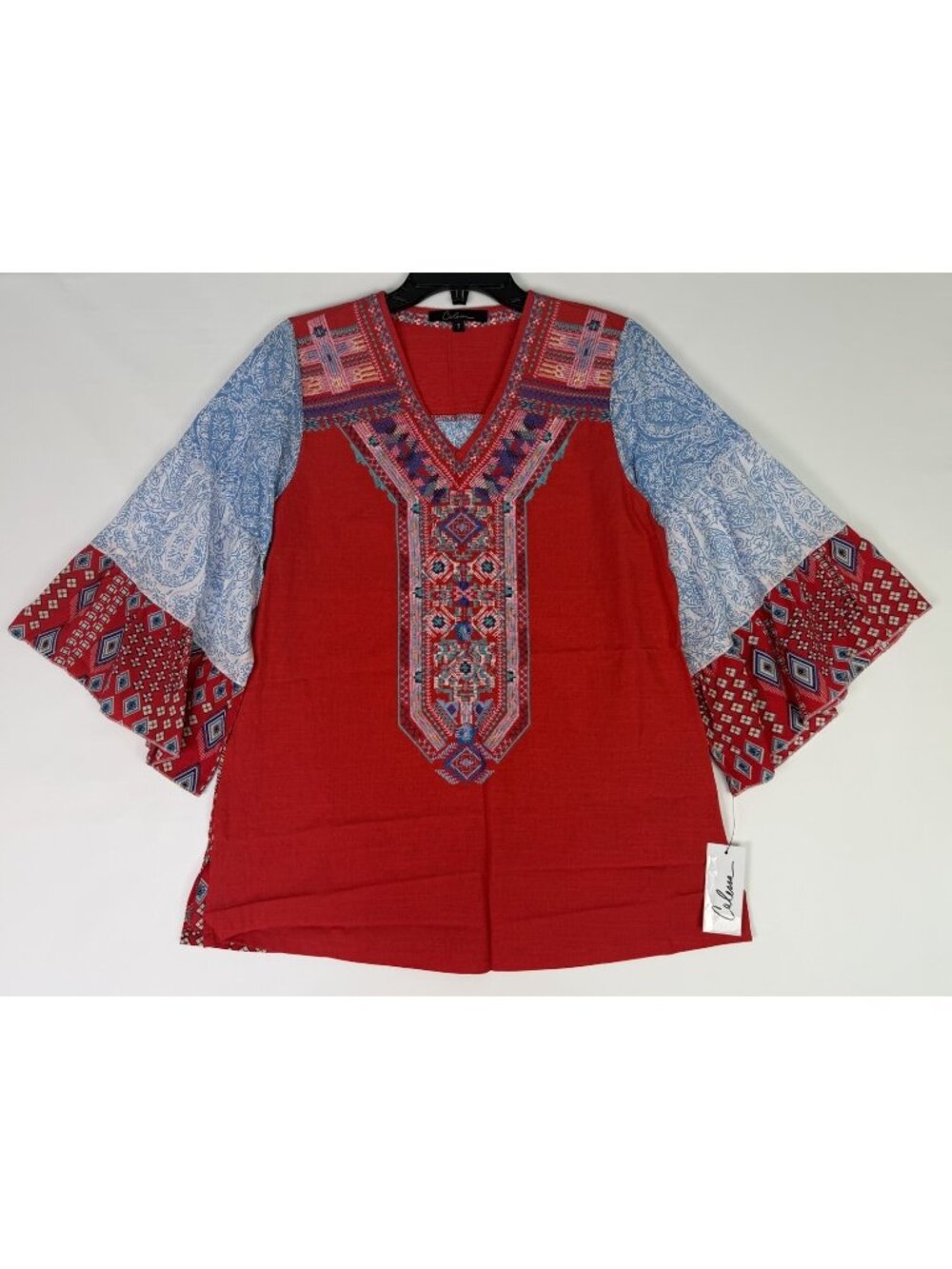 Calessa Small S Embroidered Mixed Media Print Bell Sleeve Top Blouse